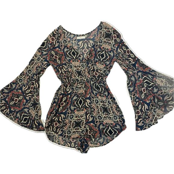 Abercrombie & Fitch Pants - Abercrombie & Fitch Romper Women L 100% Viscose V-Neck Bell Sleeve Boho Blue